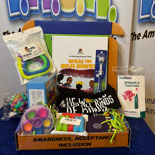 April’s Box: The Amazingly Awesome Amani Battles the Molar Monsters (Black Children’s Book Week edition) subscription box (Autism)